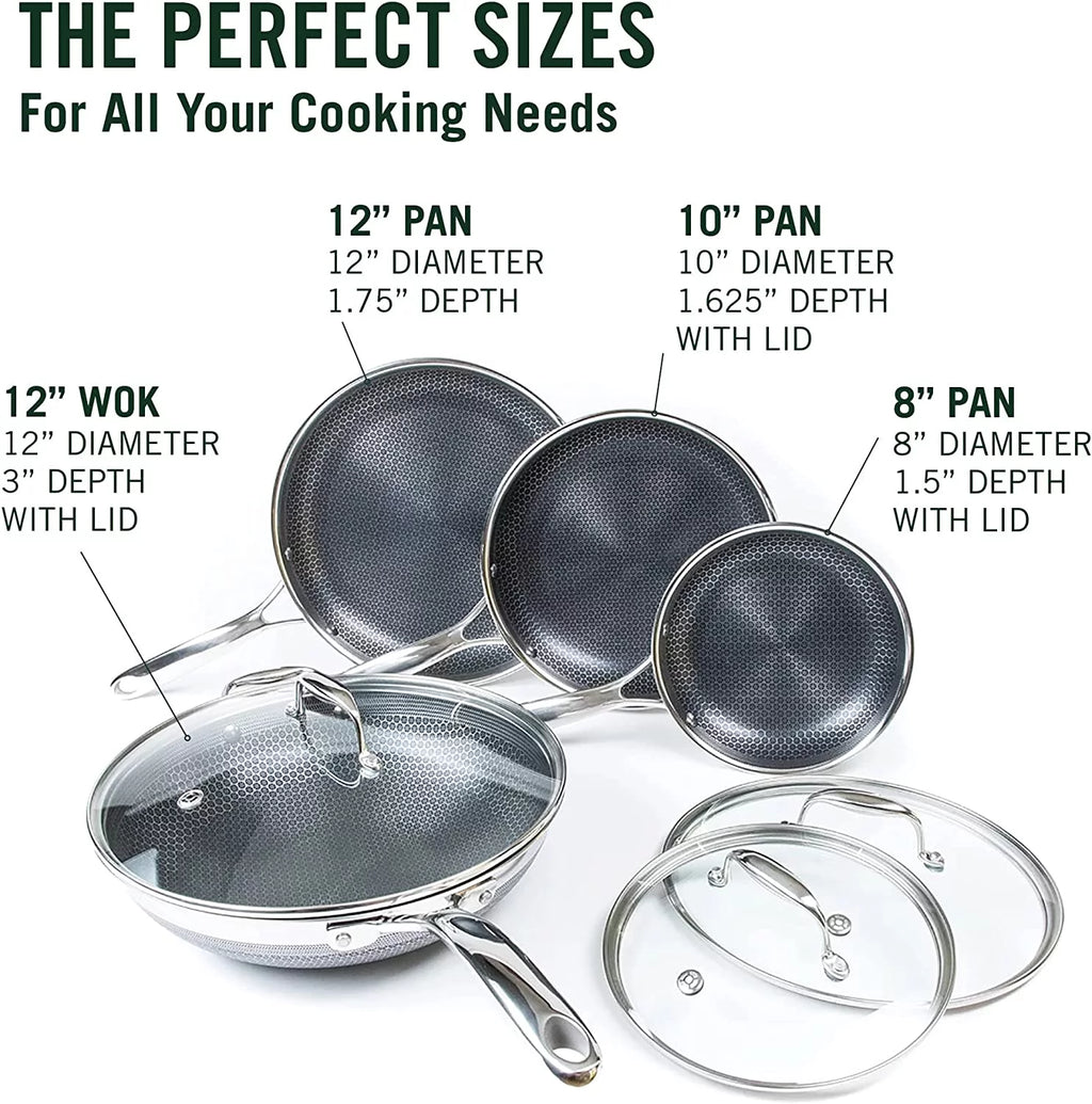 HexClad 7-Piece Hybrid Stainless Steel Cookware Set with Lids and Wok, Non-Stick Fry