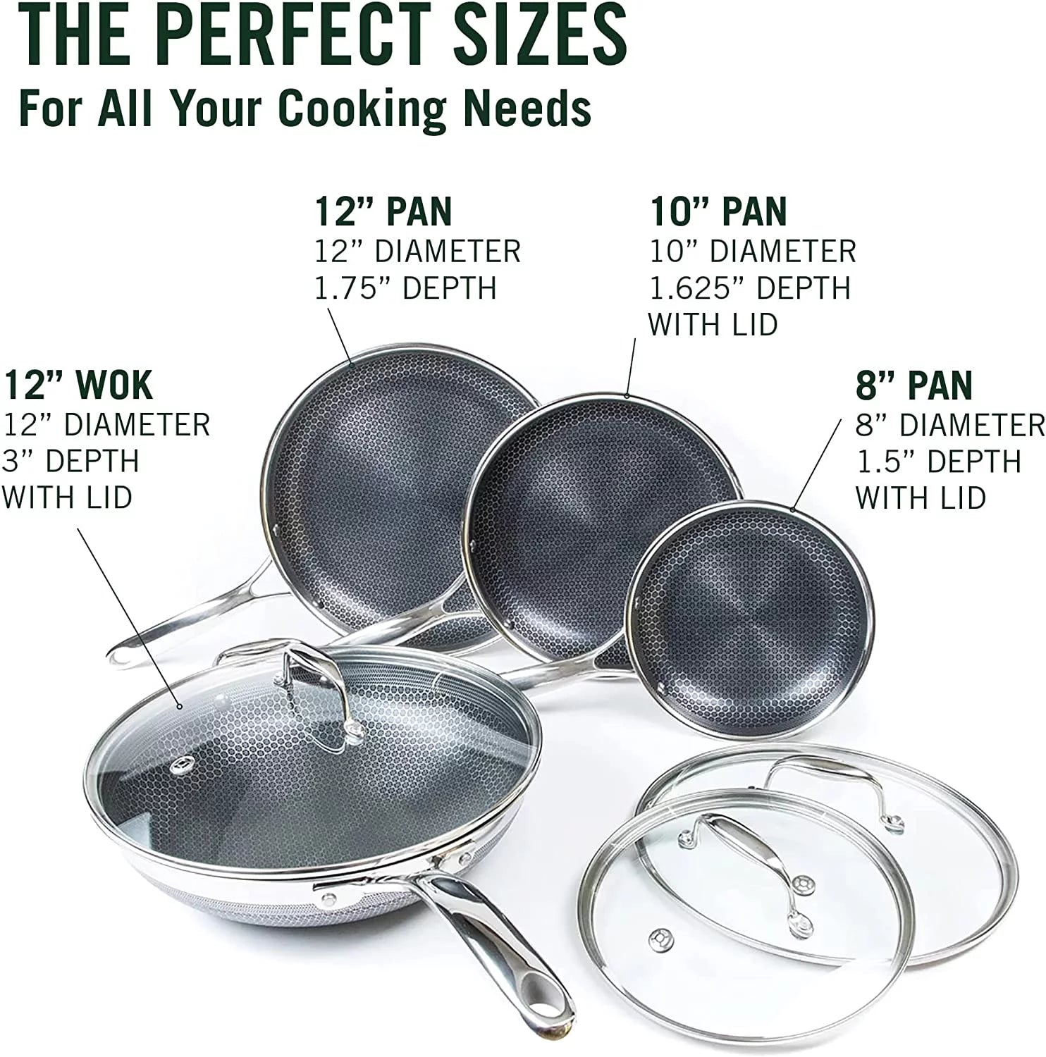 HexClad 7-Piece Hybrid Stainless Steel Cookware Set with Lids and Wok, Non-Stick Fry