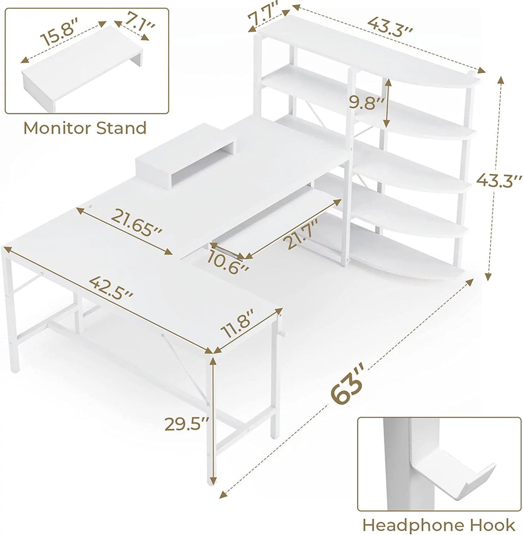 U-SHARE  L Shaped Computer Desk, 63'' Desk with Storage Shelves, Keyboard Tray, Monitor Stand and Headphone Hook, Corner Gaming Desk with LED Lights,