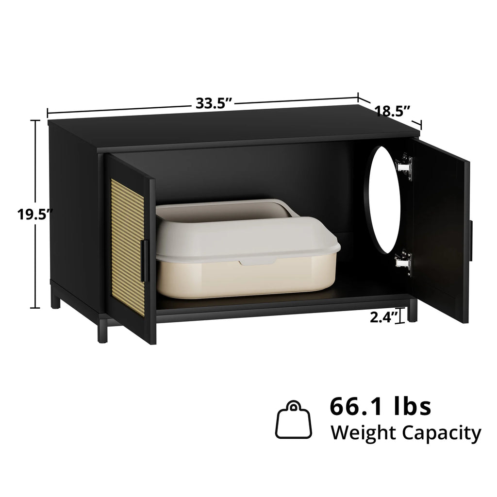 Cozy Castle Hidden Cat Litter Box Enclosure, Rattan Cat Litter Box Furniture with Doors, Indoor Cat House for Large Cats, Wood Pet Washroom, Pet Cabinet Furniture as TV Stand, Storage Cabinet, Black