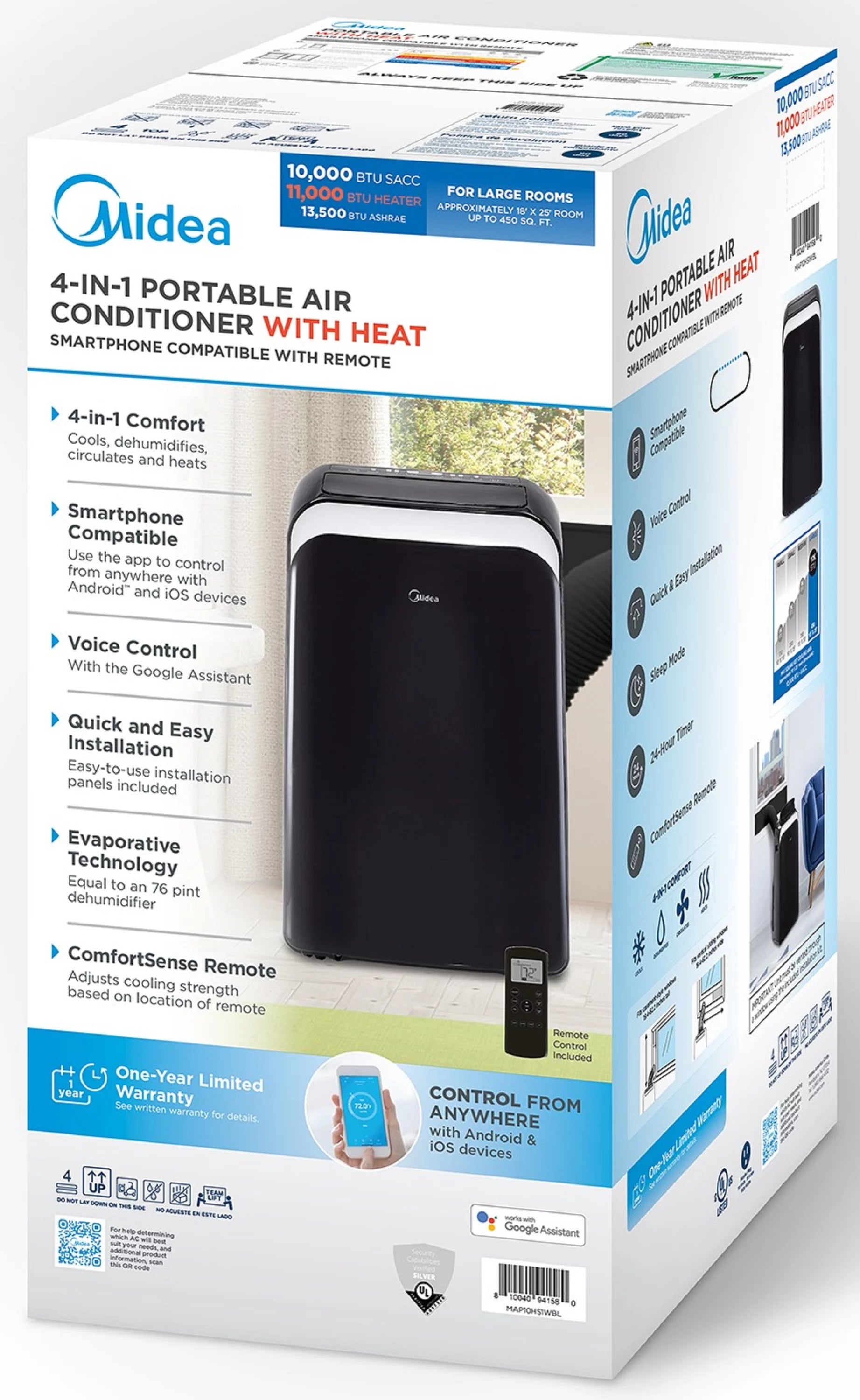 Midea 10,000 BTU (13,500 BTU ASHRAE) 115V Smart Portable Air Conditioner with Heat & Remote, Covers up to 450 Sq. ft., MAP10HS1WBL, Black