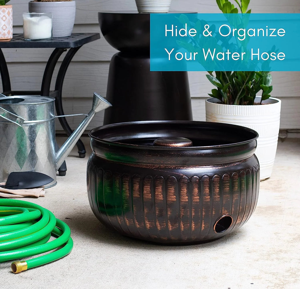Water Hose Holder | Holds 100ft Hose | DIstressed Bronze | Drainage Hole | Ground Garden Hose Pot | Decorative | Embossed | Steel Metal with Copper Accents | Outdoor or Indoor Use