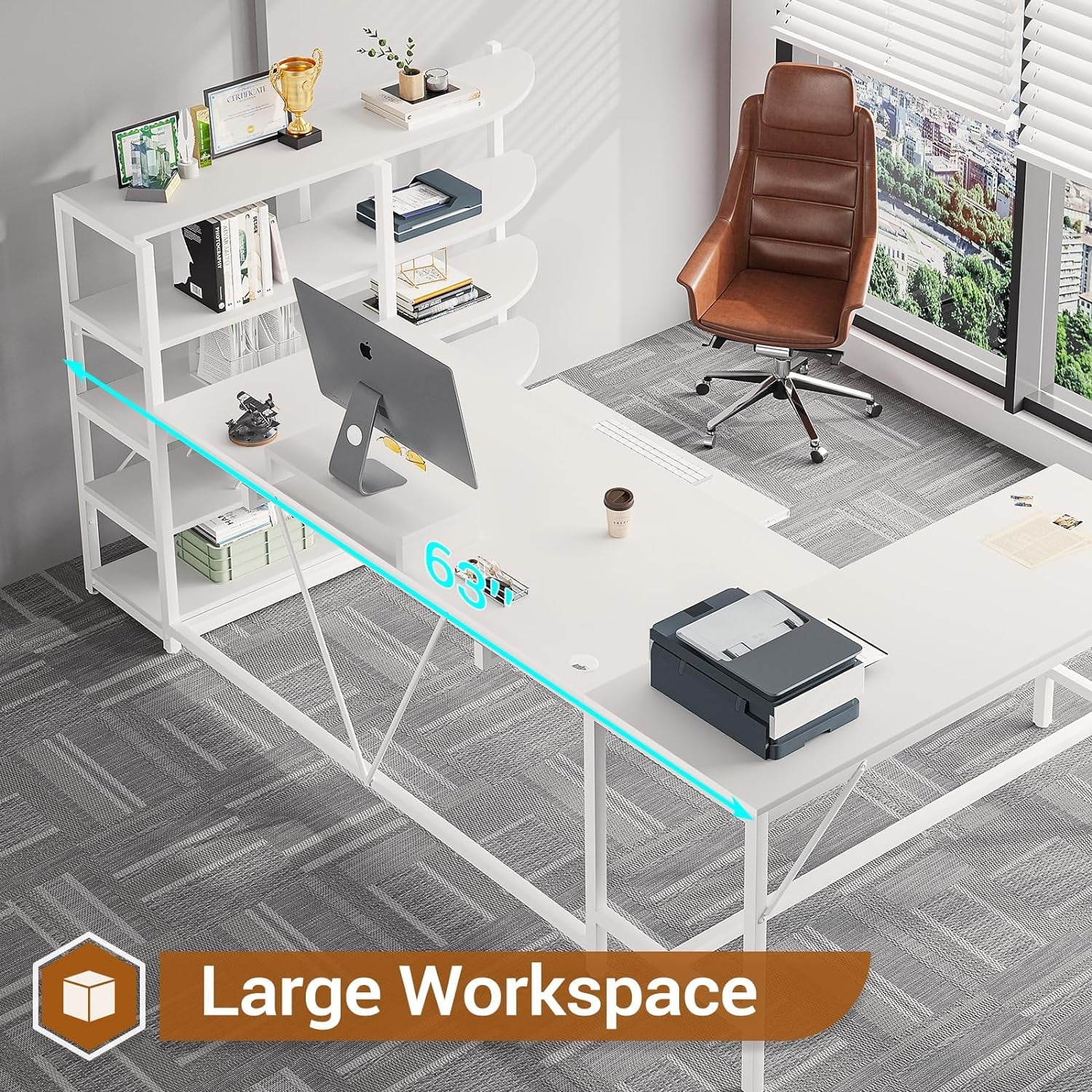 U-SHARE  L Shaped Computer Desk, 63'' Desk with Storage Shelves, Keyboard Tray, Monitor Stand and Headphone Hook, Corner Gaming Desk with LED Lights,