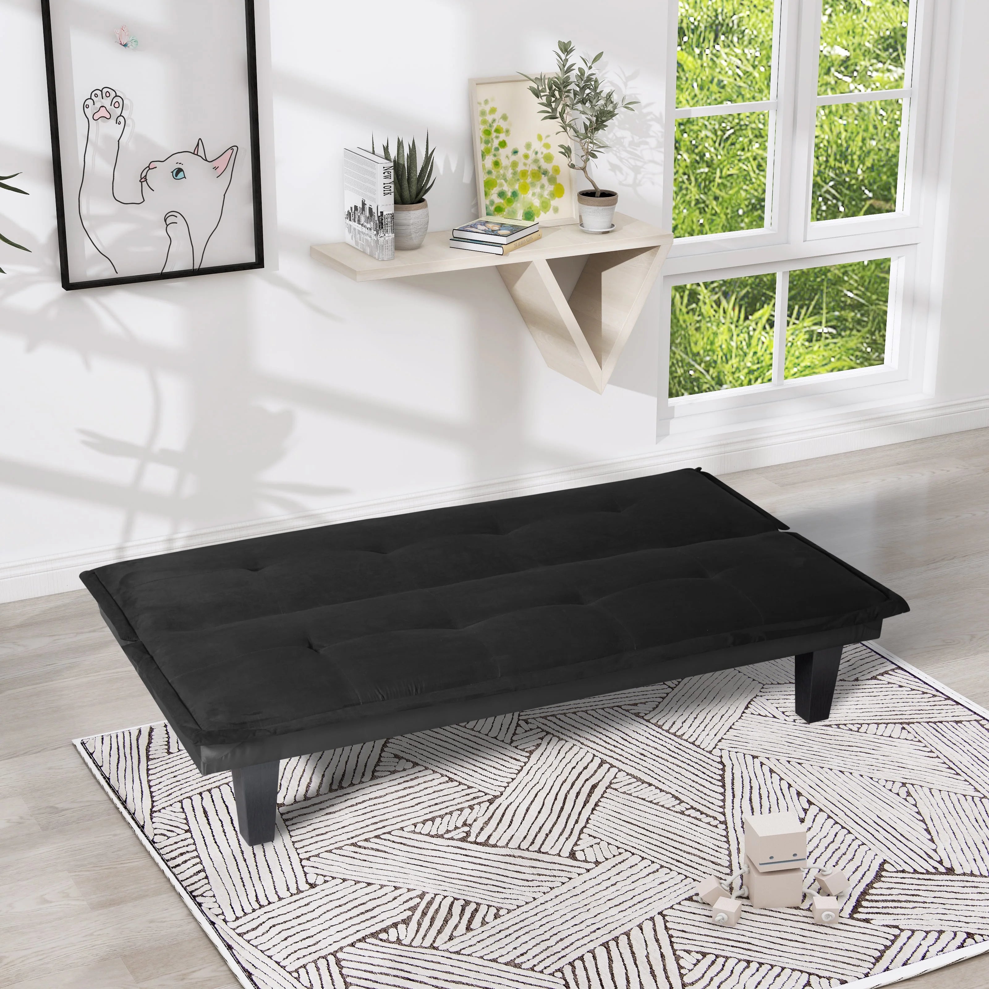 BSHTI 63.8 inch Armless Tufted Convertible Sleeper Futon Sofa Faux Suede Fabric Sofa Sleeper(Black)