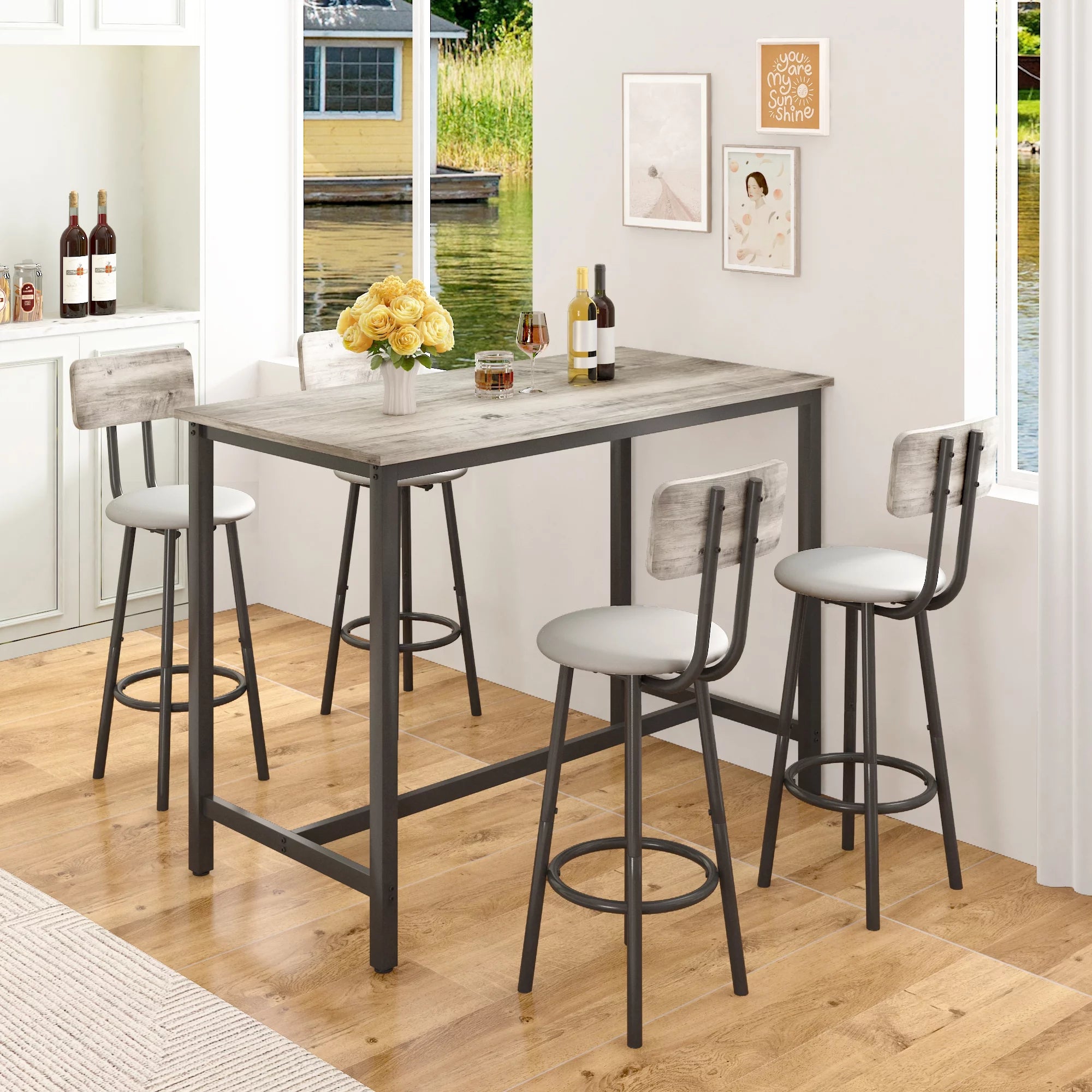 5 Piece Bar Table Set, Modern Counter Height Dining Set, Home Dining Table and Chairs Set for 4, Kitchen Breakfast Table Set with 4 Cushioned Stools, Bistro Pub Table Set, Rustic Brown