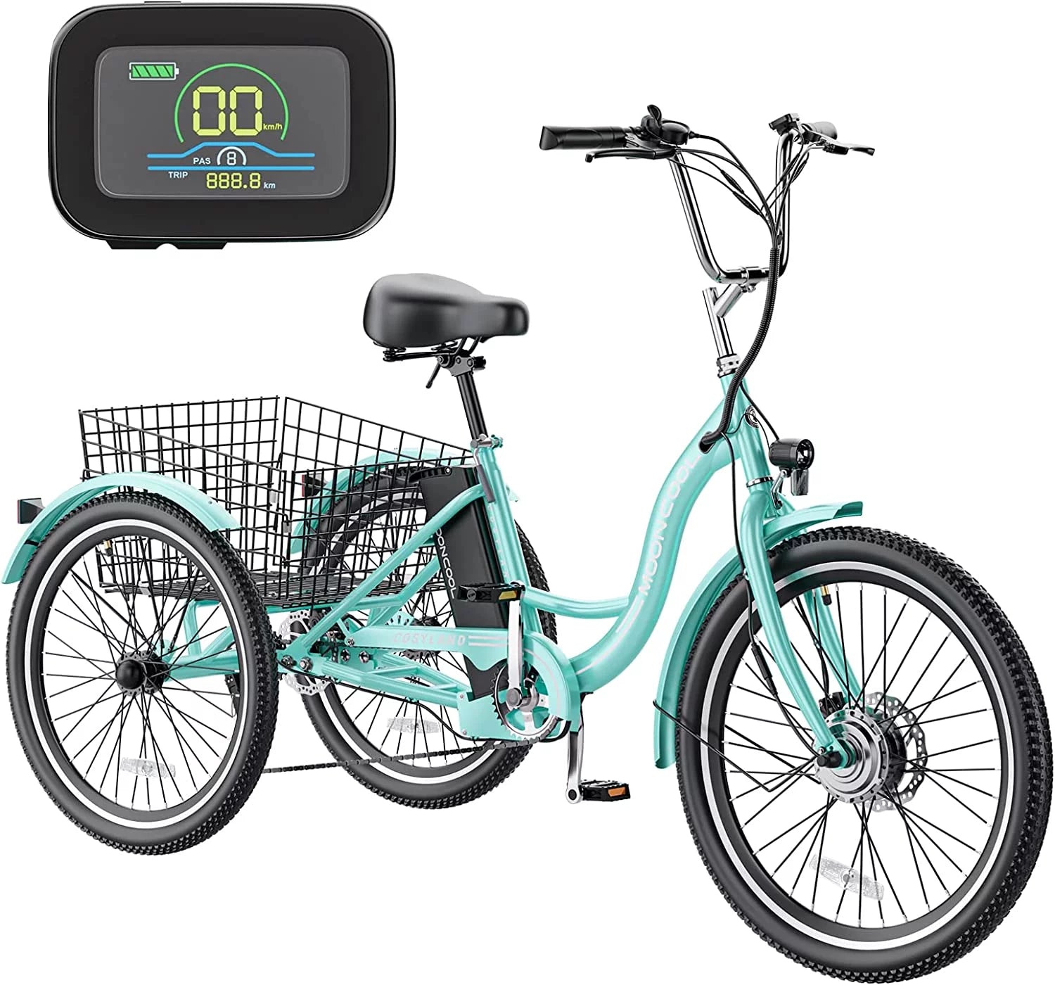 Mooncool 24" 26" 3 Wheel Electric Tricycle for Adults, 350W 36V 7 Speeds Motorized Electric Trike Three Wheel Electric Bikes Bicycle with Large Basket & Accessories for Women Men