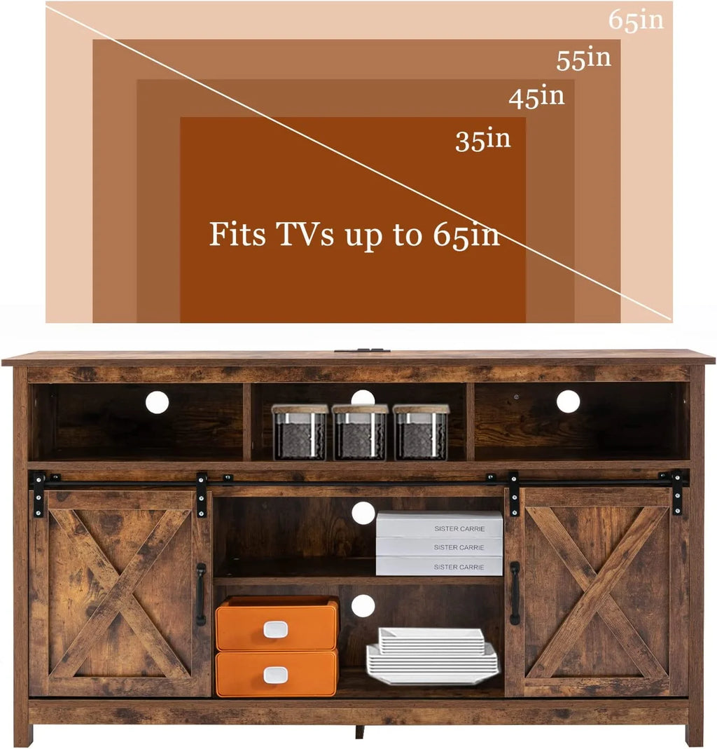 4 Layer Farmhouse Coffee Bar Cabinet With Power Outlet & LED Light, 57" Barn Door Buffet Cabinet Kitchen Storage With Adjustable Shelves(Brown)