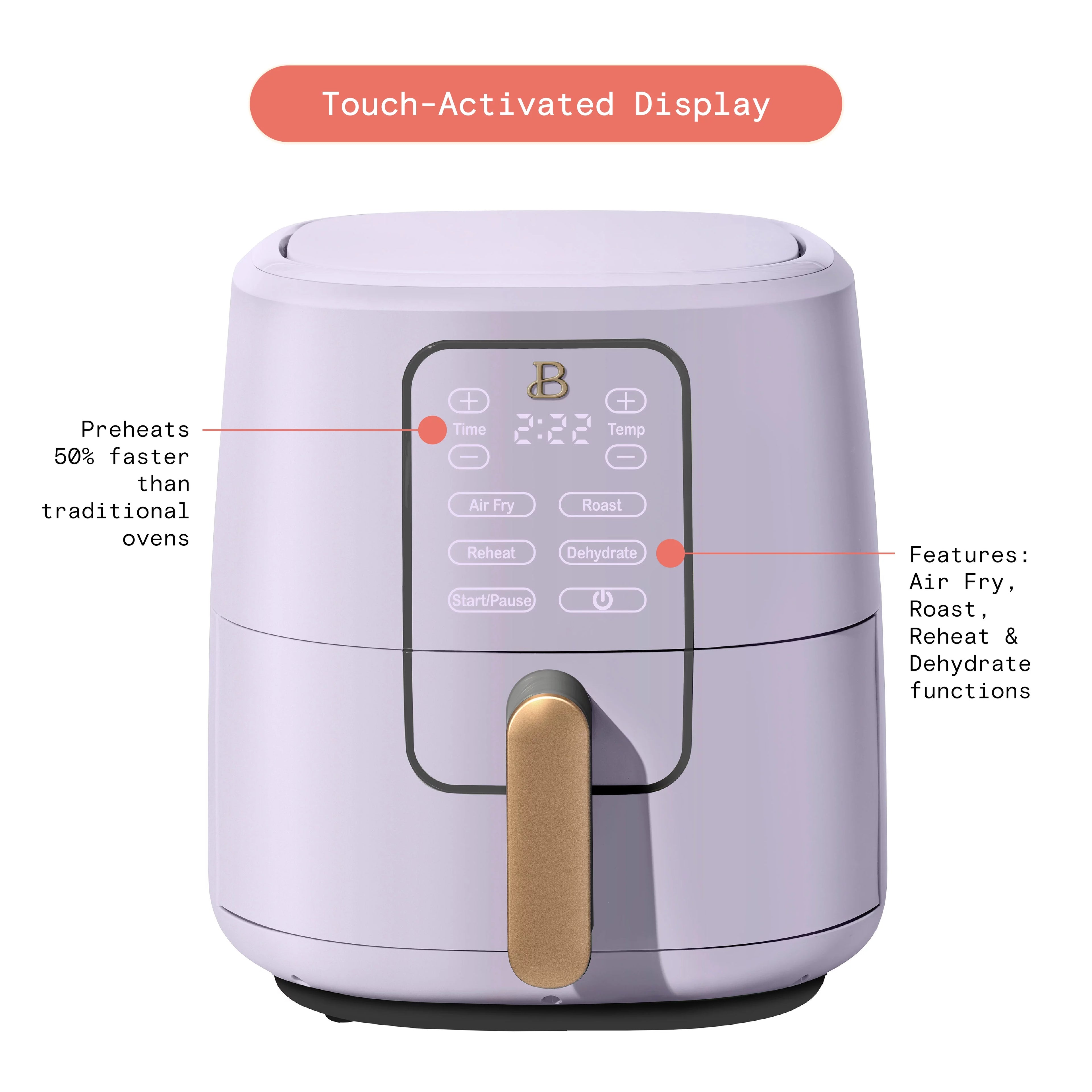 Beautiful 6 Qt Air Fryer with TurboCrisp Technology and Touch-Activated Display, Lavender by Drew Barrymore