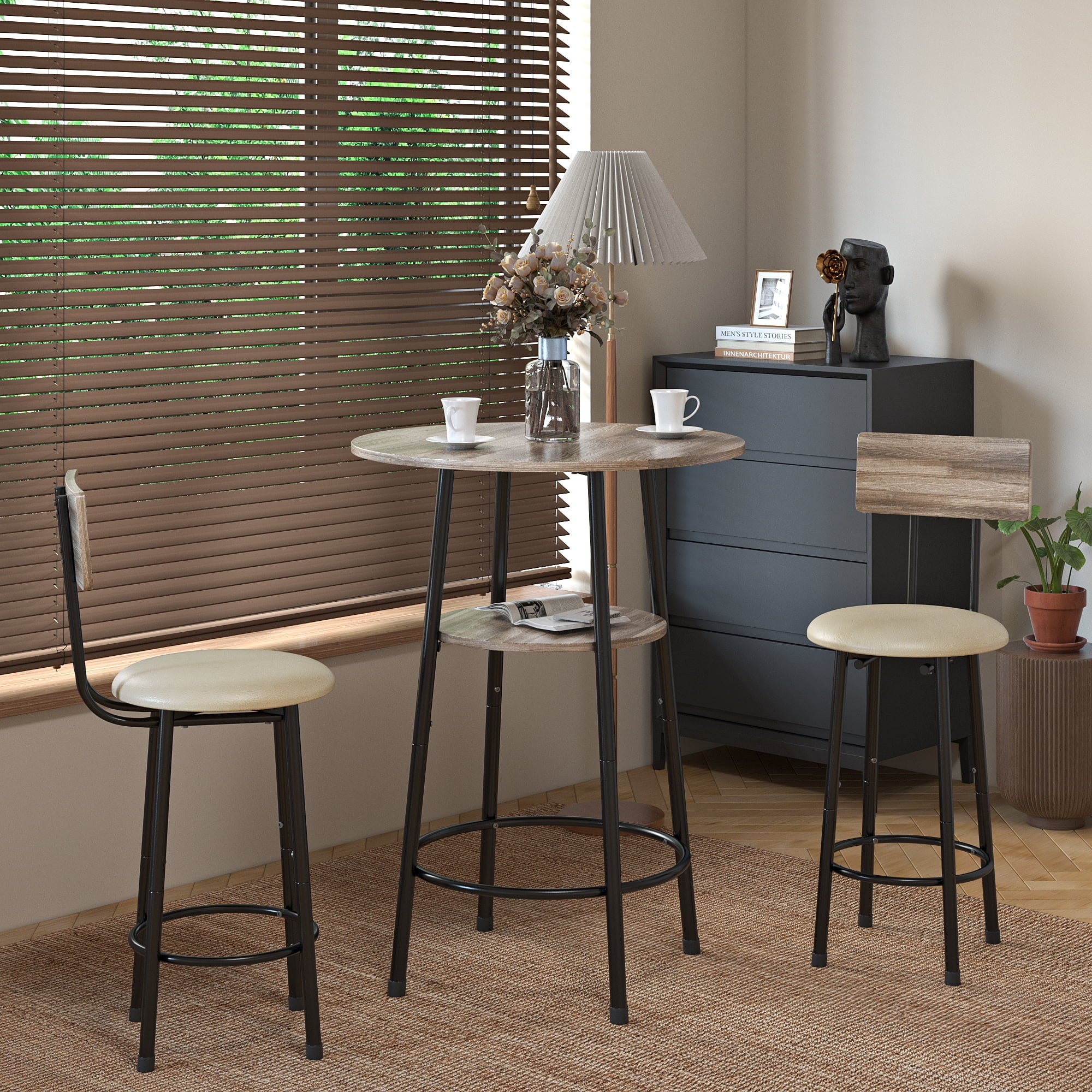 5 Piece Bar Table Set, Modern Counter Height Dining Set, Home Dining Table and Chairs Set for 4, Kitchen Breakfast Table Set with 4 Cushioned Stools, Bistro Pub Table Set, Rustic Brown