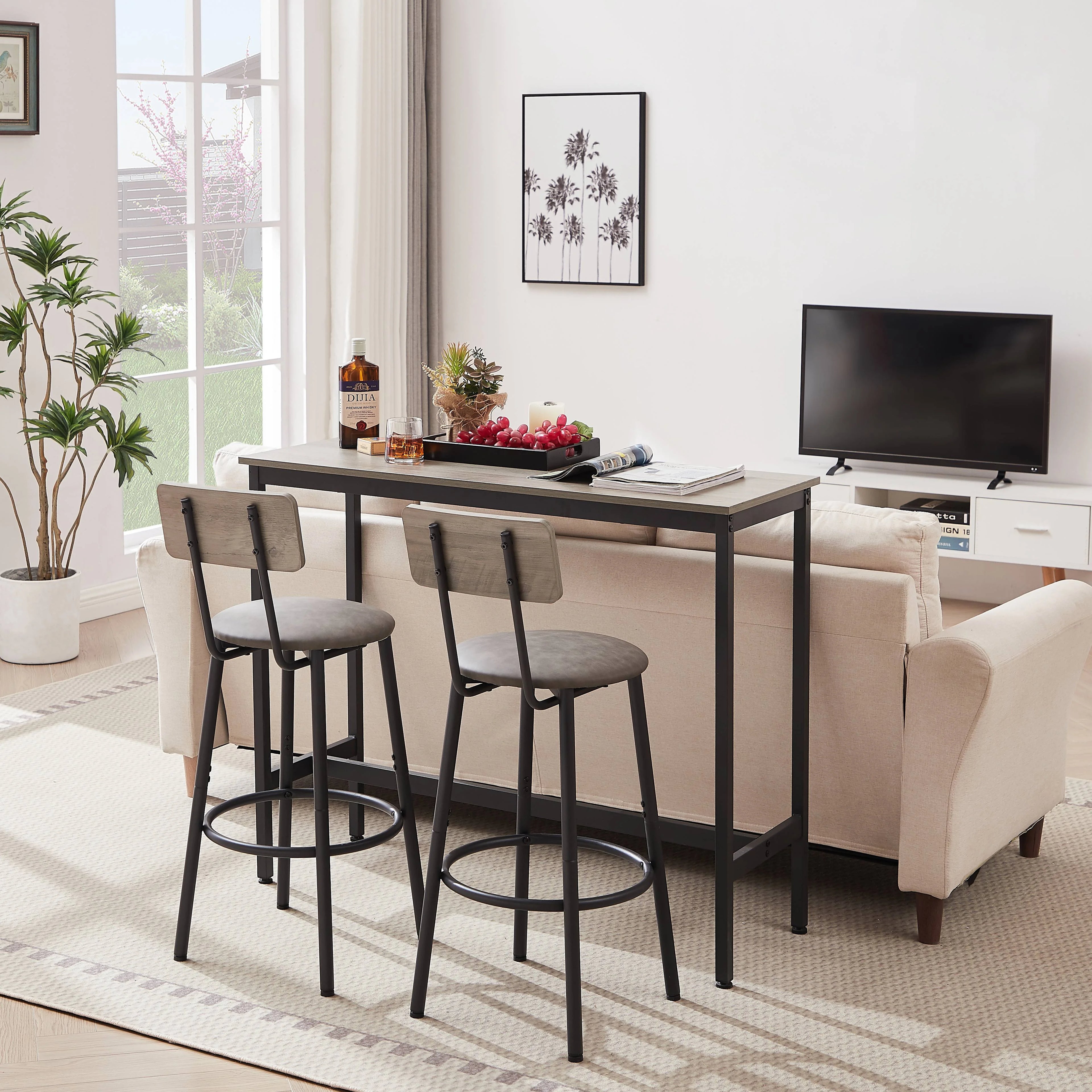 5 Piece Bar Table Set, Modern Counter Height Dining Set, Home Dining Table and Chairs Set for 4, Kitchen Breakfast Table Set with 4 Cushioned Stools, Bistro Pub Table Set, Rustic Brown