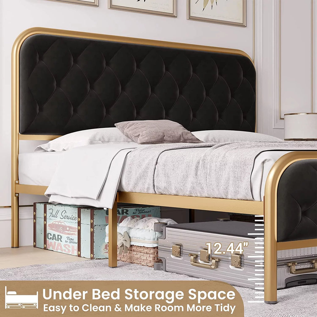 EPHEX Queen Upholstered Bed Frame with Button Tufted Headboard Heavy Duty Metal Platform Bed Frame with Velvet Headboard, Gold & Black