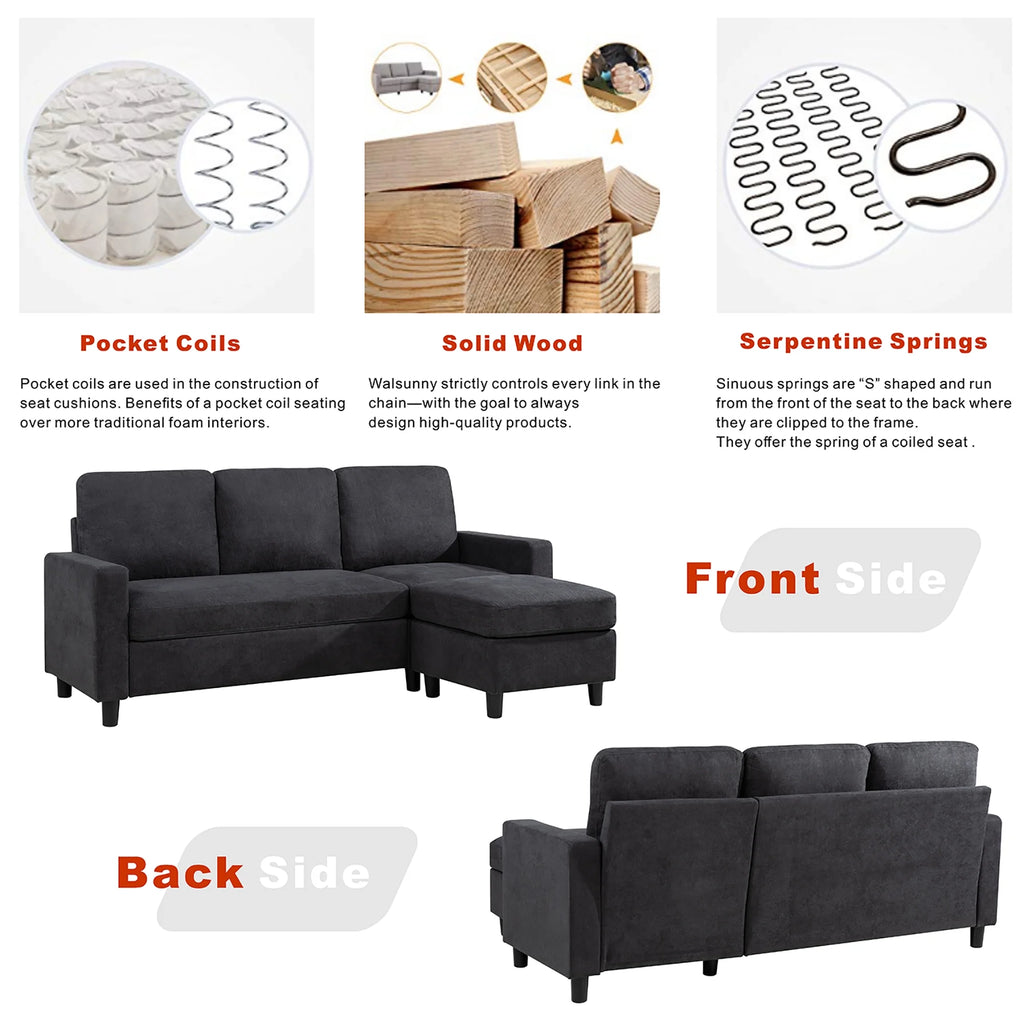 Walsunny Linen Fabric Convertible L-Shaped Sectional Sofa(Dark Gray)