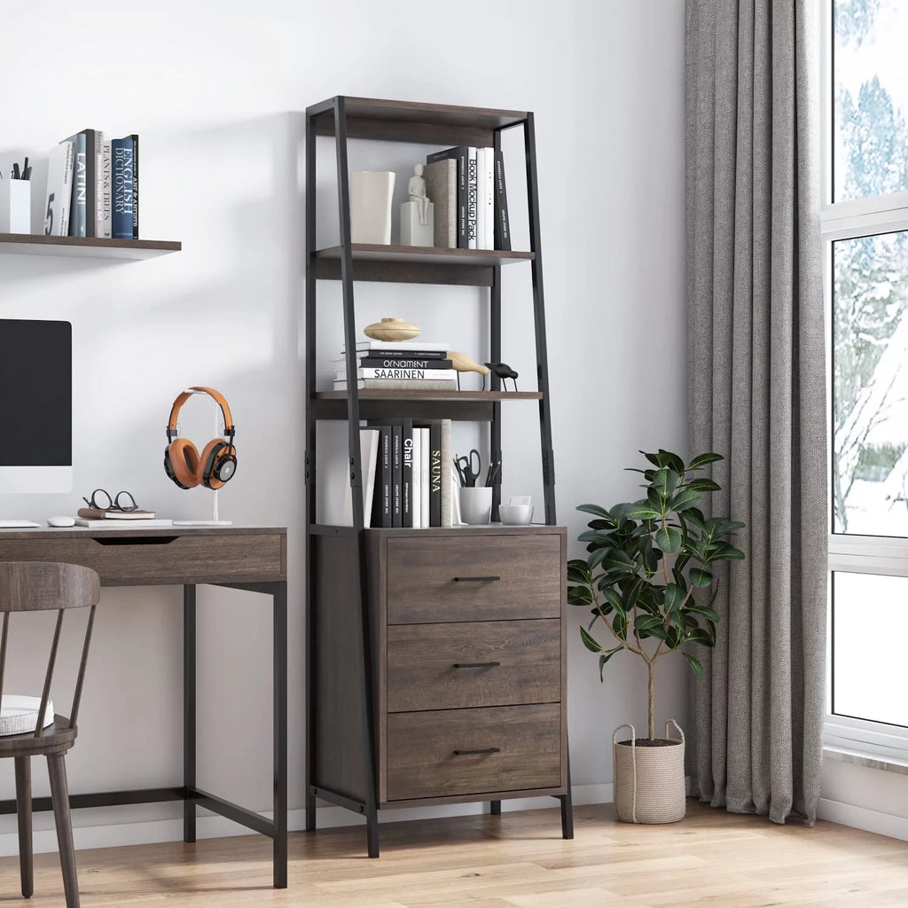 Homfa 3 Drawers Ladder Bookshelf, 3 Tier Open Storage Shelves for Office Living Room, Rustic Brown