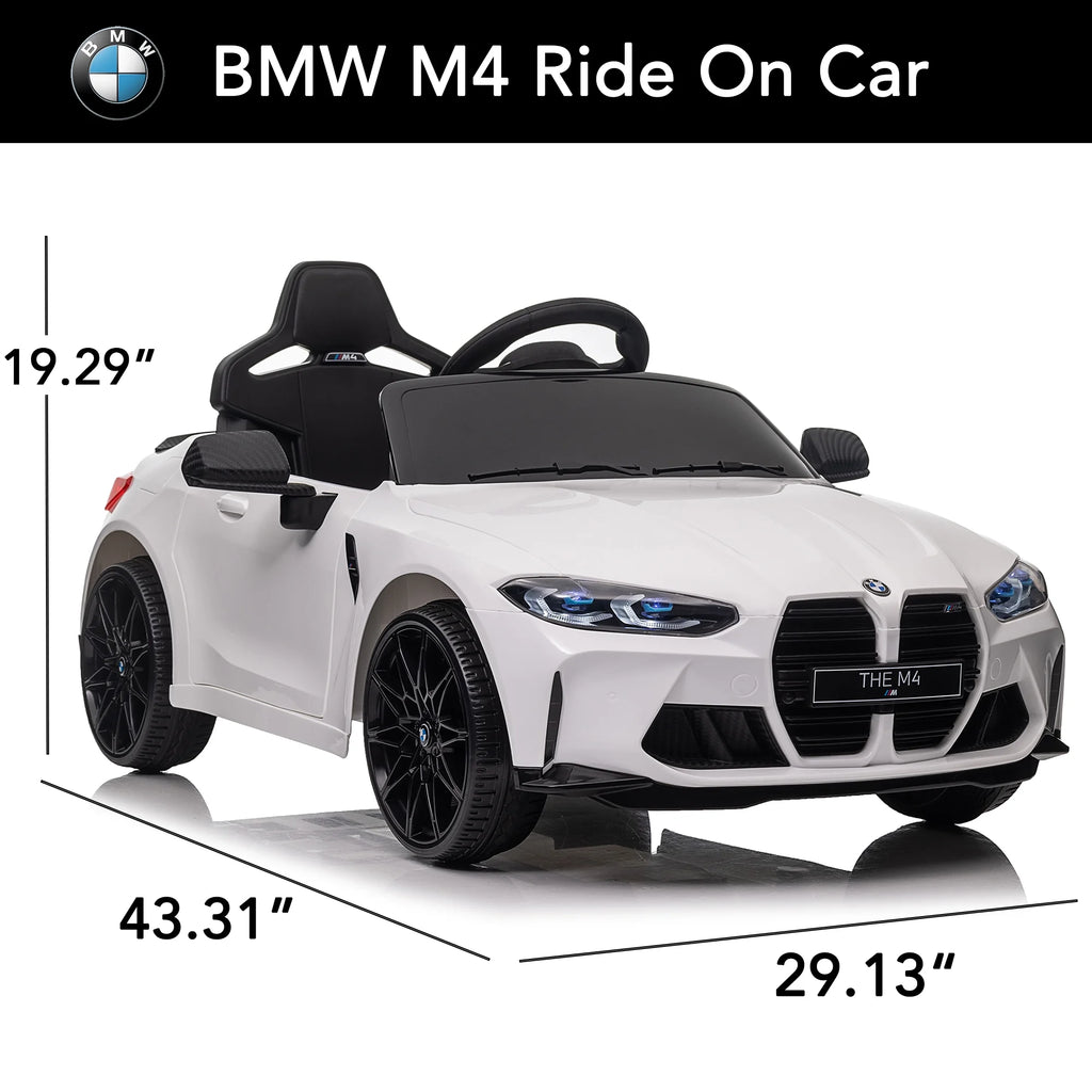 Track 7 12V Ride on Car, Licensed BMW M4 Electric Car, Kids Ride on Car with Remote Control, Bluetooth, Lights, Portable Handle, White